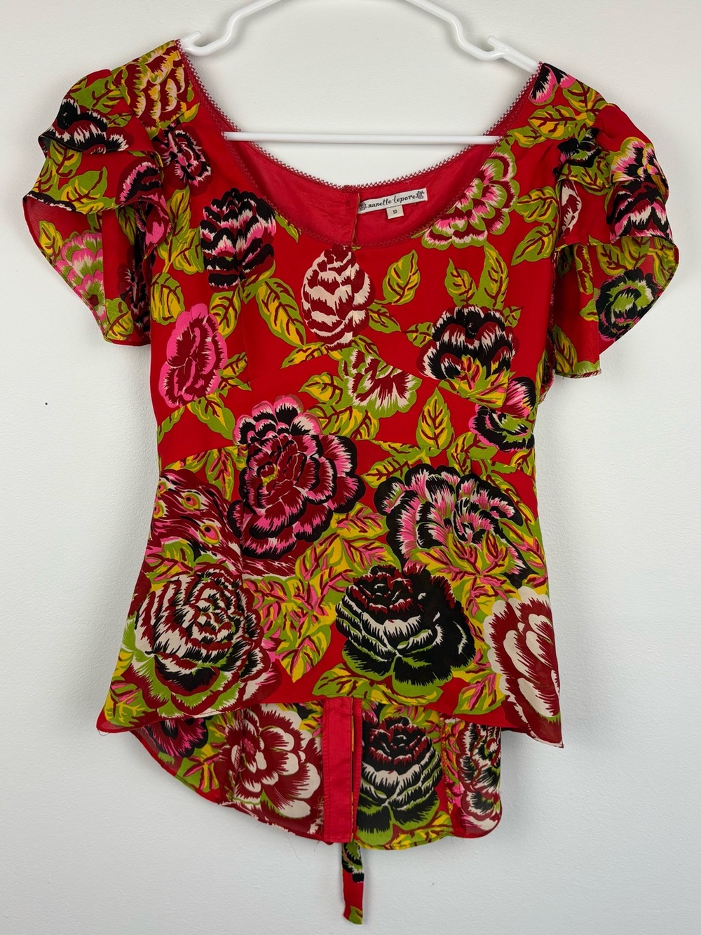 Nanette Lepore Red Floral Short-Sleeve Blouse 100% Silk EUC High-Low Boho Chic